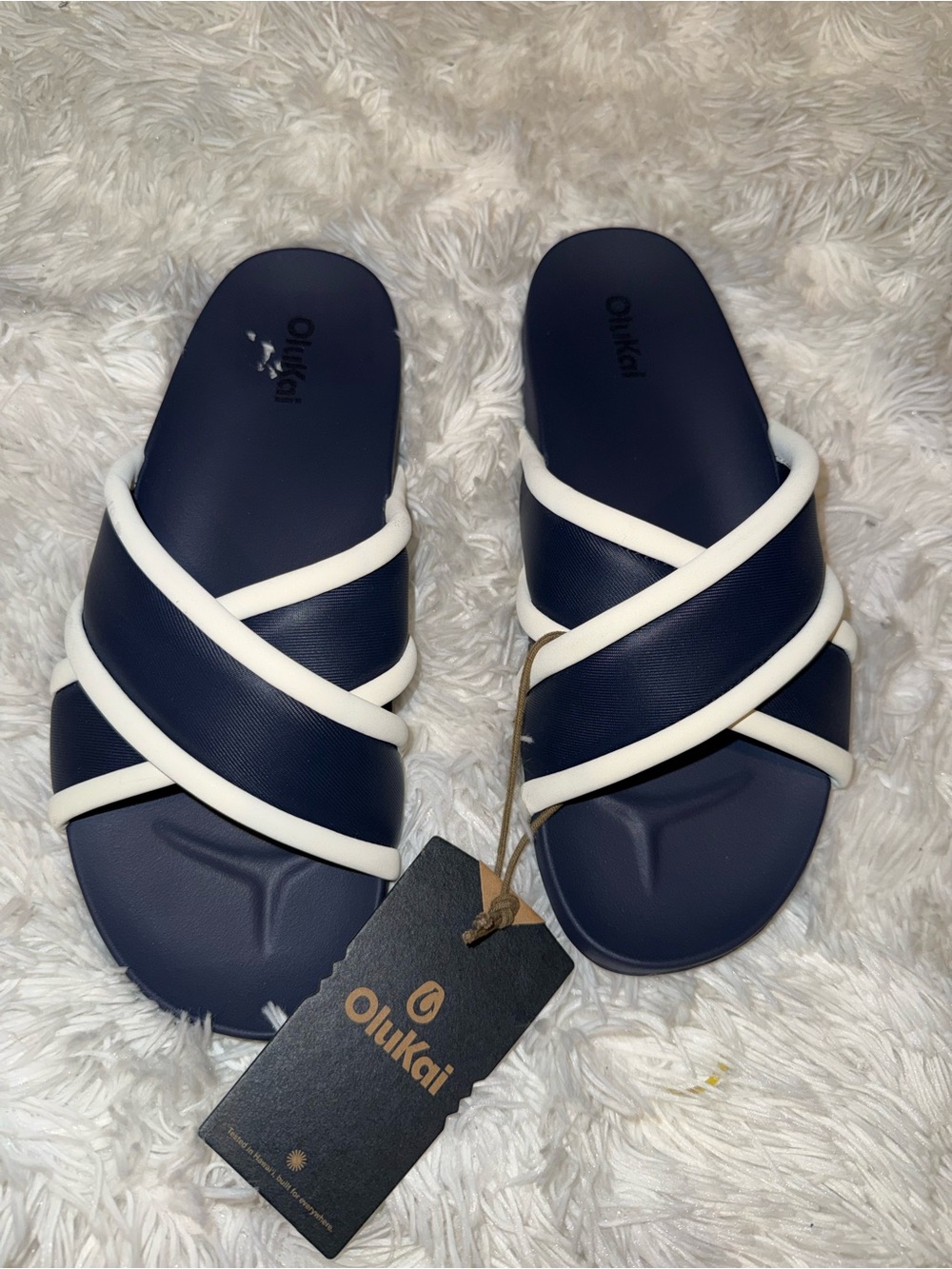 OluKai Navy and White Crisscross Slide Sandals